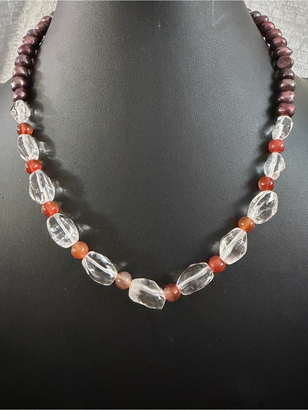 Clear Quartz and Carnelian Beaded Necklace - Brown/Red